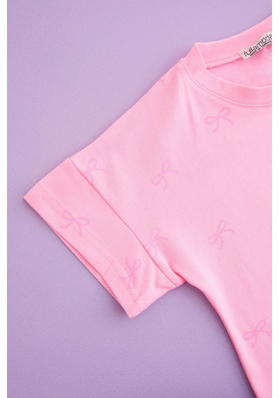Fullamoda Fiyonk Baskılı Kız Çocuk Crop Tişört Pembe