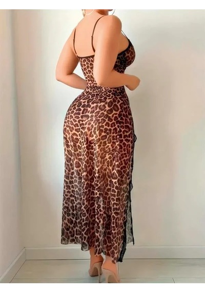Ang Butik Kadın Leopar Desenli Yırtmaçlı Uzun Gecelik