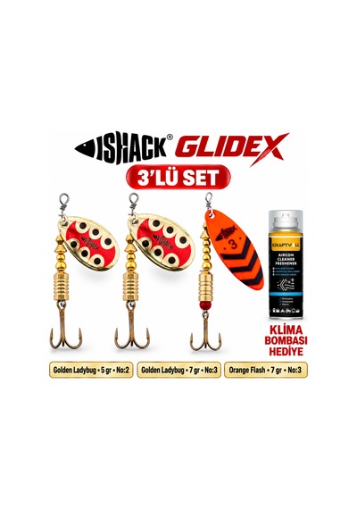 Fishack Glidex 3'lü Döner Kaşık Seti + Klima Bombası - Golden Ladybug 5 Gr No:2 + Golden Ladybug 7 Gr No:3 + Orange Flash 7 Gr No:3