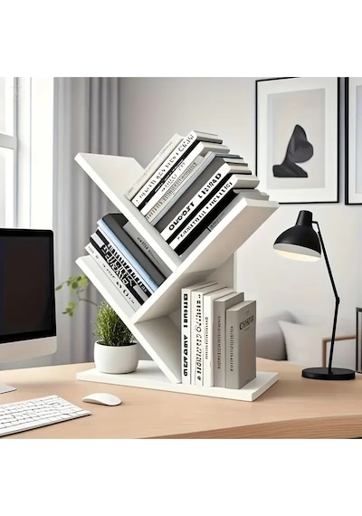 Ağaç 5 Raflı Dekoratif Kitaplık Eğimli Raflı Modern Masaüstü Kitaplık Beyaz Beyaz