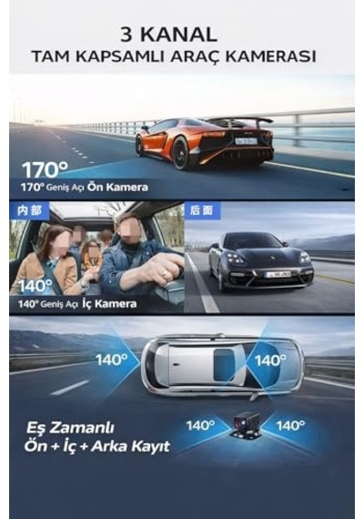 4k Ultra Hd 3 Kameralı Araç Kamerası, Wifi Ve Gps Takipli, Gece Görüşlü, G-sensörlü, Ön + İç + Arka Kayıt