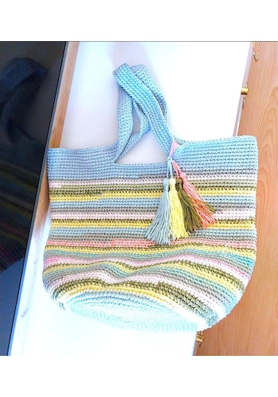 Kemzey Handmade Çizgili Büyük Kol Çantası , El Yapımı Örgü Çanta Soft Pembe