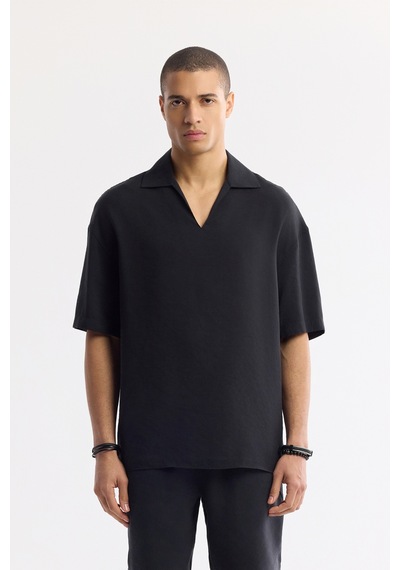Avva Erkek Siyah Polo Yaka Soft Touch Kısa Kollu Comfort Fit Gömlek A51y2140