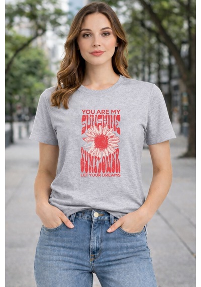 Herkesemoda Sunshine Baskı Detaylı Basic T-shırt Gri