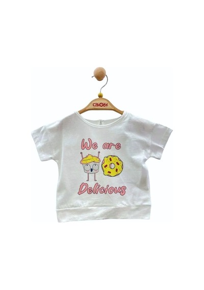 Çikoby Kız Bebek Pamuklu Donat Baskılı T-shirt-13895 Beyaz