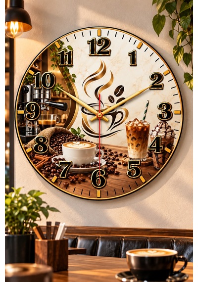 Kahve Cafe Temalı Duvar Saati 45 Cm Kahve Dükkanı Kafe Mutfak Uv Baskı Sessiz Akar Mekanizma 918 Çok Renkli
