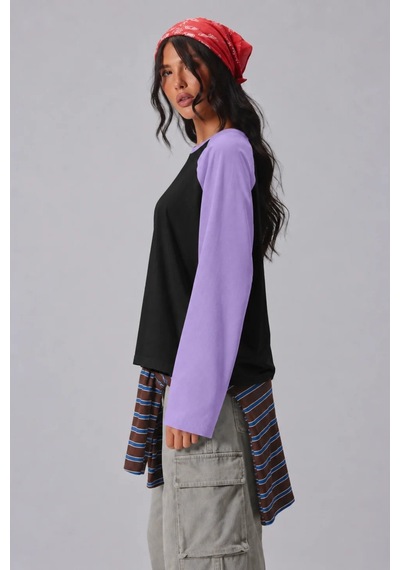 Cool Tarz Kadın Oversize Kontrast Kollu Raglan Bisiklet Yaka Düşük Omuzlu T-shirt Siyah-mor Siyah-mor Cool Tarz Kadın Oversize Kontrast Kollu Raglan Bisiklet Yaka Düşük Omuzlu T-shirt Siyah-mor Siyah-mor