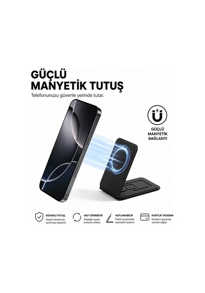 Magsafe Cüzdan Kartlık Güçlü Manyetik 360 Döner Standlı Telefon Kartlığı İphone Uyumlu Deri Cüzdan Siyah-14910