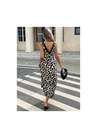 Butik İstanbul Kadın Askılı Derin V Dantelli Yakalı Bağcıklı Süprem Uzun Elbise Leopar