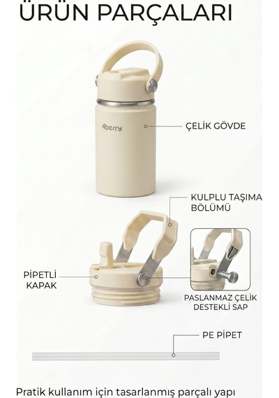 350 Ml Kulplu Pipetli Çelik Termos Bardak Bpa Free, Taşınabilir Mini Termos, Krem Renk
