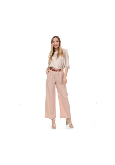 Bluence Beli Kemerli Bol Paça Pembe Pantolon Açık Pembe