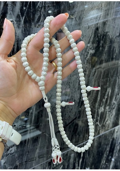 Kırmızı Zirkon Taş Detaylı Gümüş Kazaziye Namaz Tesbihi