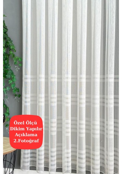 Tül Perde Keten Lüks Simli Pırıltılı Şeritli Çizgili Sakallı Gramajlı Sık Pile Beyaz