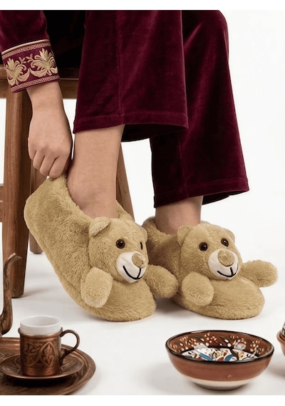 Altın Pabuç Kadın Hayvanlı Panduf Sıcak Tutan Peluşlu Rahat Yumuşak Kışlık Ayıcıklı Ev Terliği Pandifi Ve Botu Taba