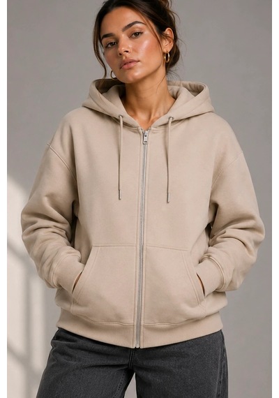 Bb Butik Basic Kadın Oversize Fermuarlı Kapüşonlu Sweatshirt Üç İplik Sweatshirt Hırka My3535 Bej Bb Butik Basic Kadın Oversize Fermuarlı Kapüşonlu Sweatshirt Üç İplik Sweatshirt Hırka My3535 Bej