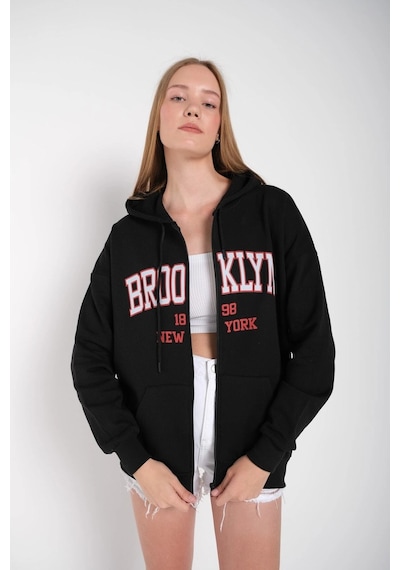 Tarzsokak Kadın Siyah Brooklyn Baskılı Oversize Hırka Brooklynhırka