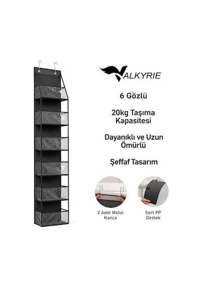 Kapı Arkası Organizer 6 Gözlü Askılı Dolap Düzenleyici Çok Amaçlı Kapı Arkası Raf Siyah Diğer