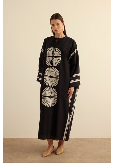 Aker Geometrik Desenli Cotton Yaz Serinliği Kimono Siyah Siyah