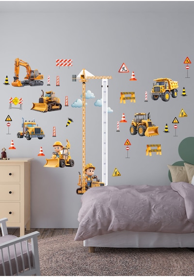İş Makinası Temalı Boy Ölçerli Duvar Sticker Seti - Mat, Sökülebilir, Çocuk Odası Dekoru 01