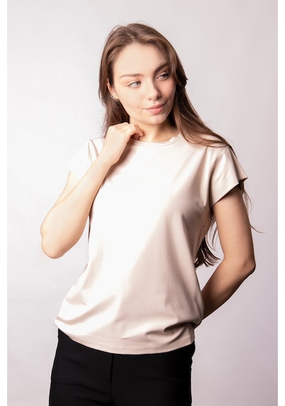 Kadın İpeksi Kumaş Geniş Sıfır Yaka Kısa Kol Tshirt Bluz-bej Bej Kadın İpeksi Kumaş Geniş Sıfır Yaka Kısa Kol Tshirt Bluz-bej Bej