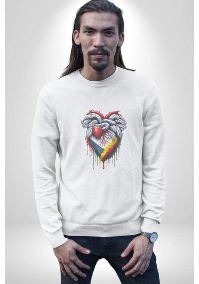 Kalp Damar Renkli Boyalı Unisex Beyaz Baskılı Sweatshirt Beyaz