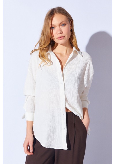 Manche Gofre Oversize Rahat Kesim Kadın Gömlek Beyaz Mks161103-01