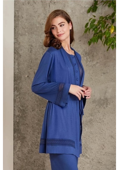 Pierre Cardin 2800 Kadın Lacivert Dantelli Penye 3'lü Sabahlıklı Pijama Takım 001