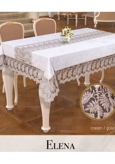 Elena Model Krem-gold Keten İşlemeli 160x260 Cm Dantelli Şık Masa Örtüsü Tasarım