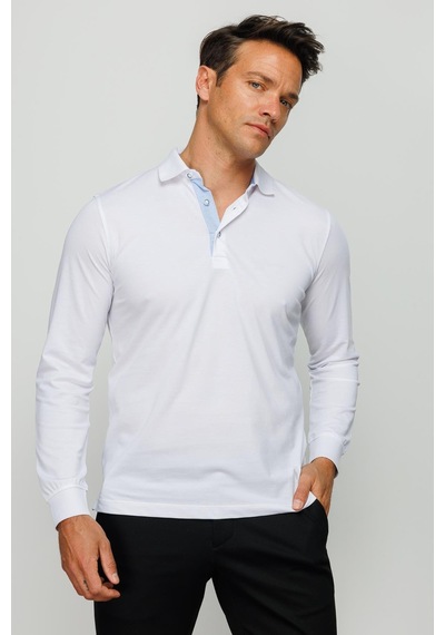 Desen Triko Erkek Polo Yaka Uzun Kollu Sweatshirt Beyaz Beyaz