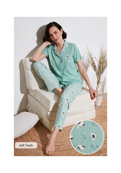 Lela Regular Fit Gömlek Yaka Kısa Kollu Bayan Pijama Takımı 65740102 Mint