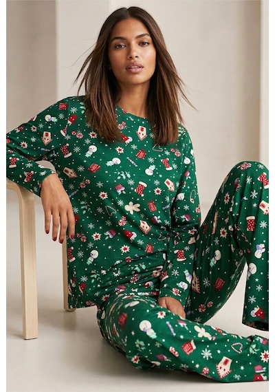 Siyah İnci Yumuşak Dokulu Süet Örme Pijama Takım 7983 Yeşil Yılbaşı