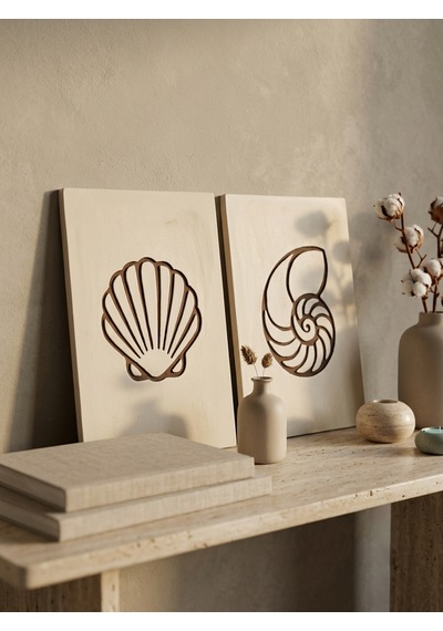 Maris Relief 2'li Duvar Sanatı Seti - Modern Minimalist Deniz Kabuğu Motifli Kazıma Tablo