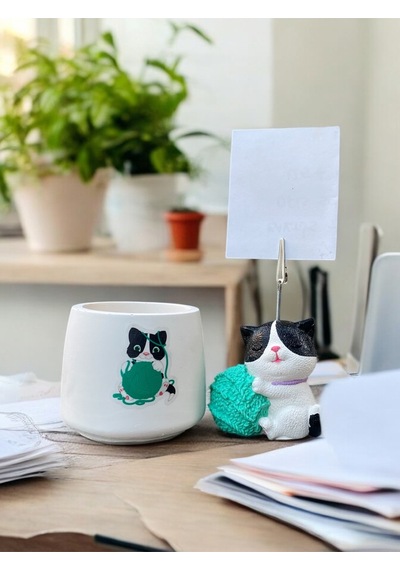 Turkuaz Yumaklı Kedi Fotoğraf - Not Tutuculu Obje Saksı Seti Hediyelik Ofis Seti Su Yeşili