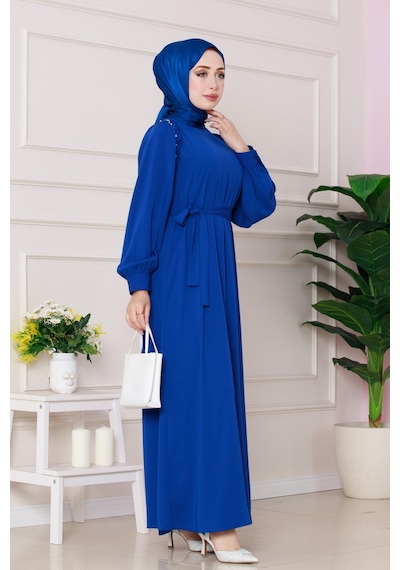 Sevitli Omuzu Taş Detaylı Rose Elbise-saks Mavi-4772 Saks Mavi