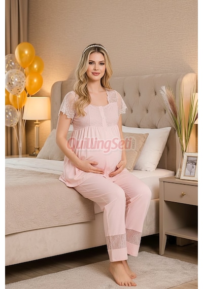 Lady Pembe Renkli, Derin Patlı, Dantel Detaylı 33002 Sabahlıklı 3lü Lohusa Hamile Pijama Takımı Açık Pembe