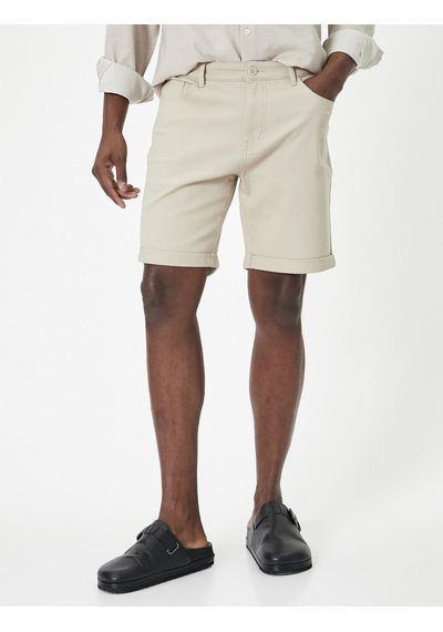 Koton Kumaş Şort Slim Fit Chino Düğmeli Katlı Paça Cep Detaylı Bej 4sam40107hw Ekru