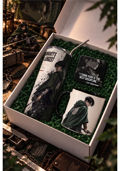 Anime Severlere Özel Attack On Titan Levi Desenli Hediye Seti Levi Termos, Levi Kupa, Levi Bardak Altlığı