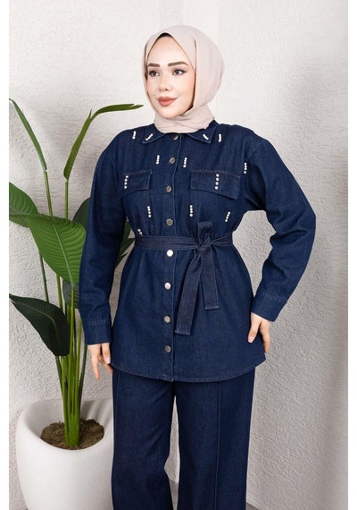 Misskayle Taş Detaylı Kuşaklı Denim Tesettür Takım Koyu Mavi Koyu