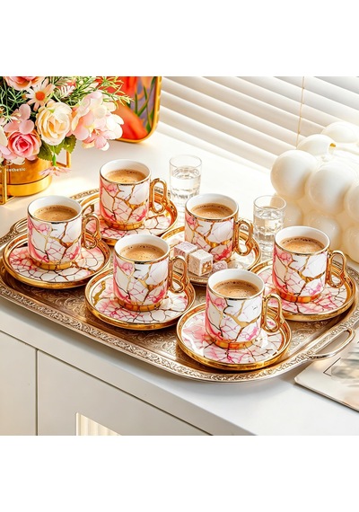 Valkyrie 12 Parça 6 Kişilik 80 Ml Türk Kahvesi Fincan Seti Pembe Mermer Desenli Gold Detay K653 Pembe