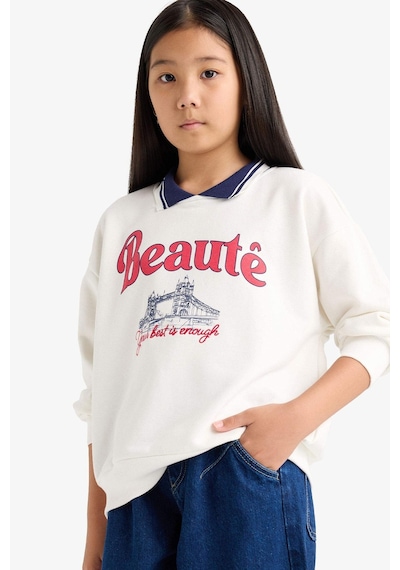 Defacto Relax Fit Polo Yaka Baskılı Sweatshirt Kız Çocuk F2251A825AU Ekru