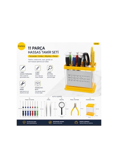 11 Parça Kutulu Hassas Telefon Ve Elektronik Tamir Tornavida Seti Büyüteçli Cımbızlı Kit 8086