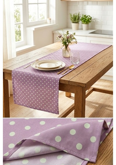 Lila Puantiyeli Kaliteli Kumaş Runner Su İtici Leke Tutmaz Masa Örtüsü Ranır 40x180 Cm Mor