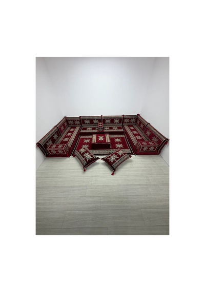 Yıldız Modeli Bordo Otantik Şark Köşesi Takımı U Set - Yer Minderi Seti 10 Cm Minder Kalınlığı 18 Parça