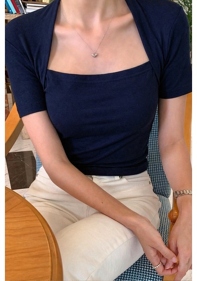 Kadın Haki Kuğu Yaka Slim Kısa Kollu Fit Crop Bluz Lacivert