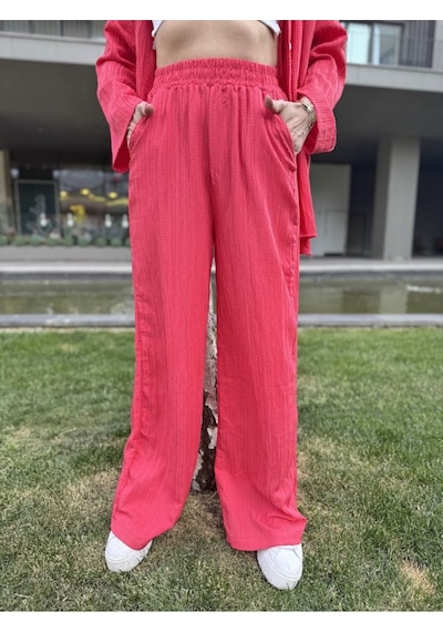 Kadın Gofre Alt Üst Gömlek Fuşya Pantolon Takım - S504472 Pembe