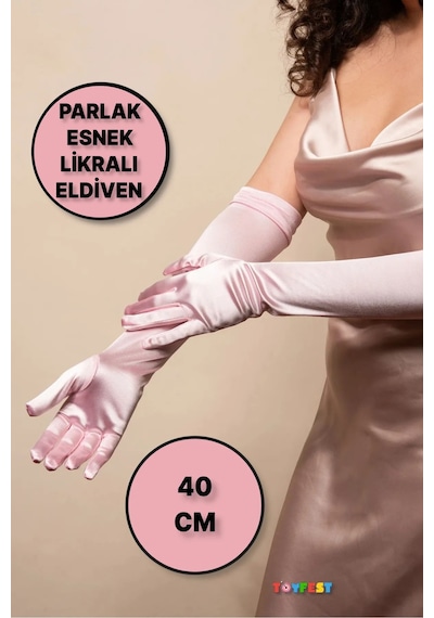 Toyfest Uzun Boy Parlak Esnek Likralı Eldiven 40 Cm - 1 Çift- Pembe Çok Renkli
