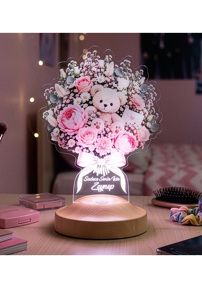 Tatlı Bir Sürpriz Ayıcık Buketi Işıklı Çiçek Buketi Led Lamba Sevgiliye Pembe Güllü Solmayan Çiçek Hediyesi