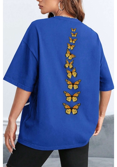 Unisex Sırt Kral Kelebek Baskılı T-shirt Mavi