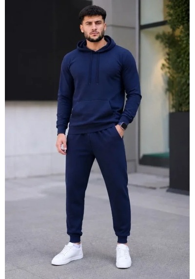 Defymoda Erkek İki İplik Kapüşonlu Kanguru Cepli Sweatshirt Jogger Pantolon Alt Üst Eşofman Takımı - Lacivert