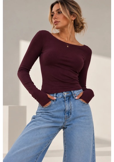 Bb Butik Basic Soft Touch Parmak Geçmeli Kayık Yaka Bluz Mdk35 bordo